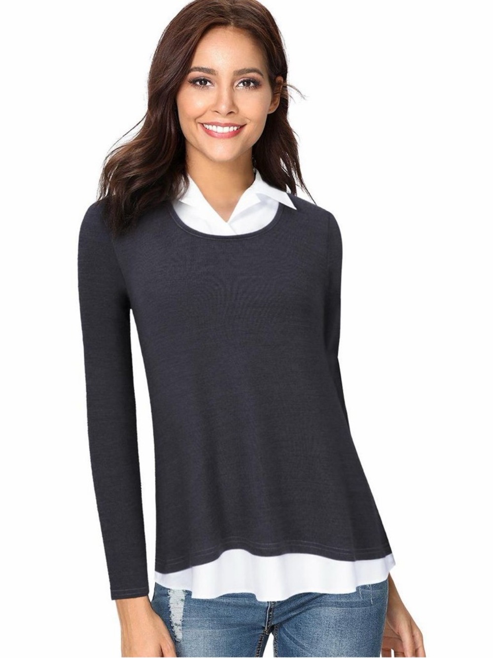 Dark Gray Mock-Collar Layered-Look Long-Sleeve Tunic